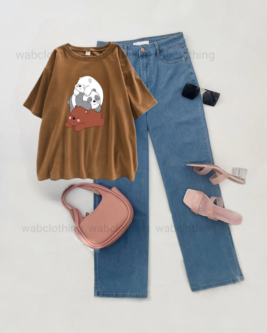 Sky Blue wide leg jeans - Brown t-shirt Bear on Bear
