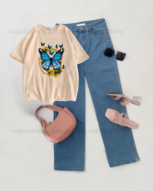 Sky Blue wide leg jeans - Beige T-shirt Live Life in full bloom