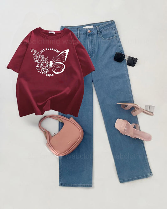 Sky Blue wide leg jeans - Maroon T-shirt Get yourself Free Butterfly