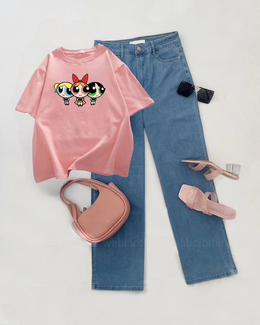 Sky Blue wide leg jeans - Pink t-shirt 3 buttercups