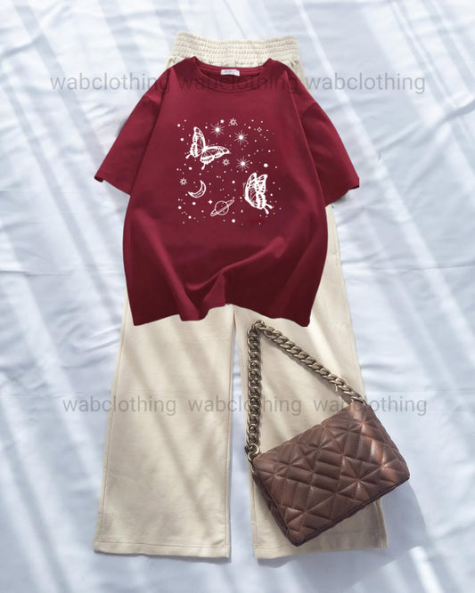 Maroon T-shirt Saturn Butterflys - Beige High Waist Flapper