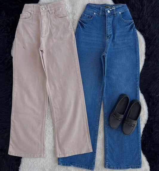Pack of 2 Wide Leg Jeans - Beige - Mid blue
