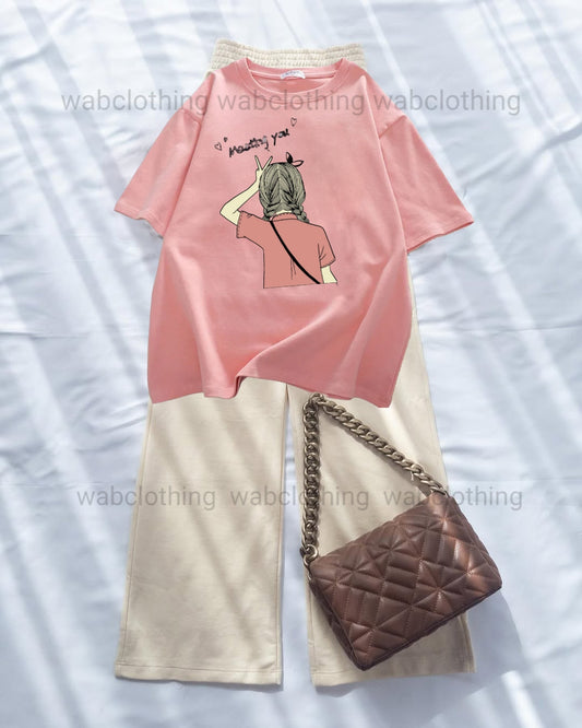 Pink T-shirt Meeting You - Beige High Waist Flapper