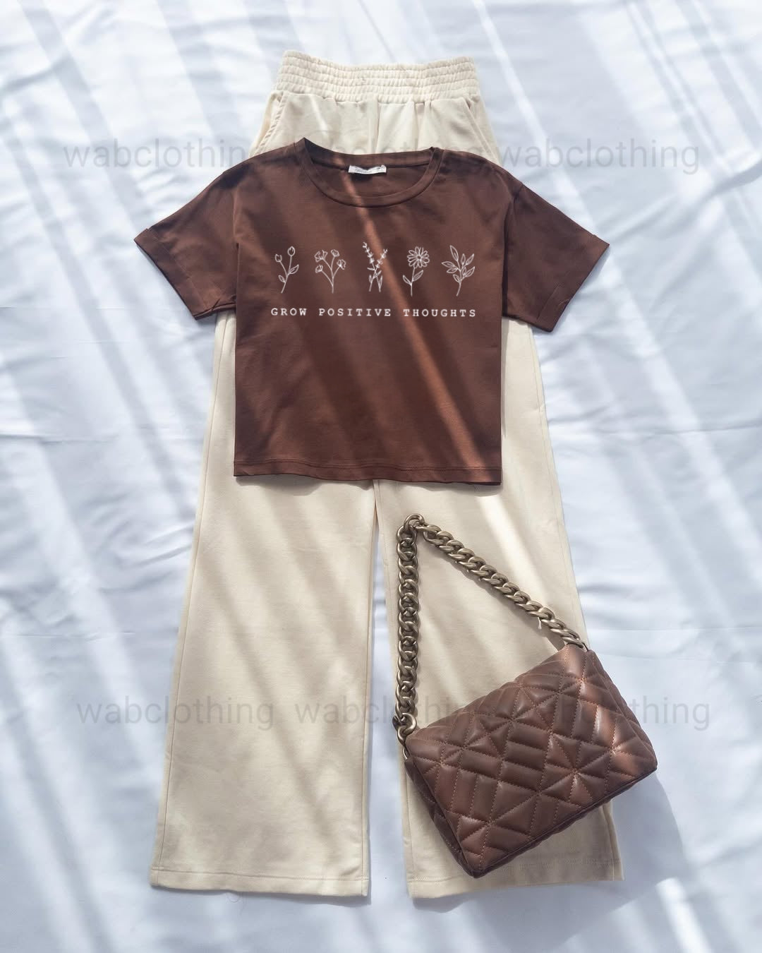 Brown Crop Grow Positive Thoughts - Beige High Waist Flapper