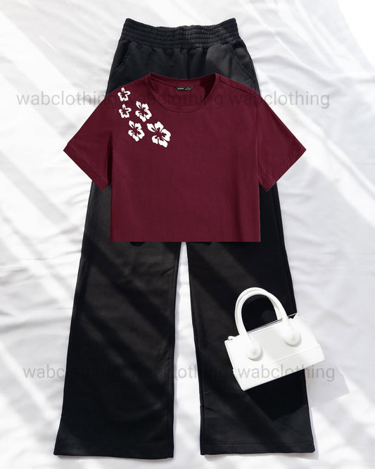 Maroon Crop Floral - Black High Waist Flapper