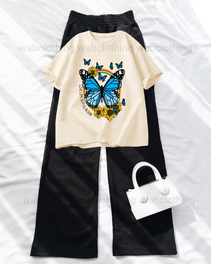 Beige T-shirt Live Life in full bloom - Black High Waist Flapper