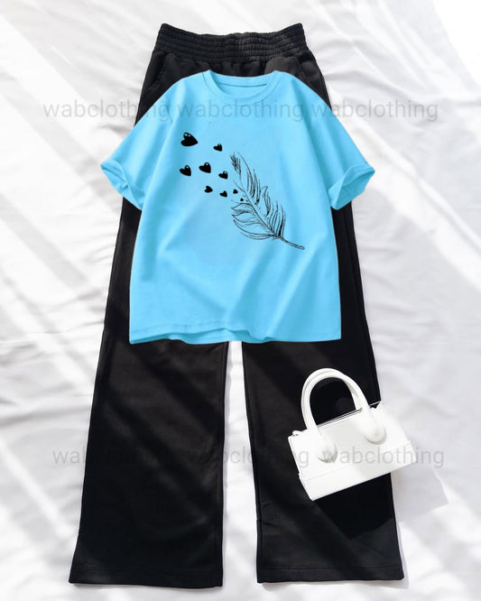 Sky Blue T-shirt Feather - Black High Waist Flapper