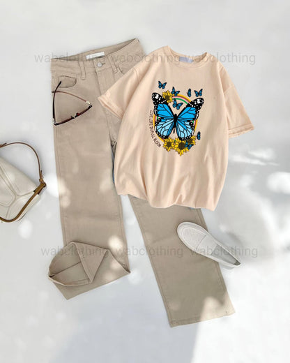 Beige wide leg jeans - Beige t-shirt life is full of bloom butterfly