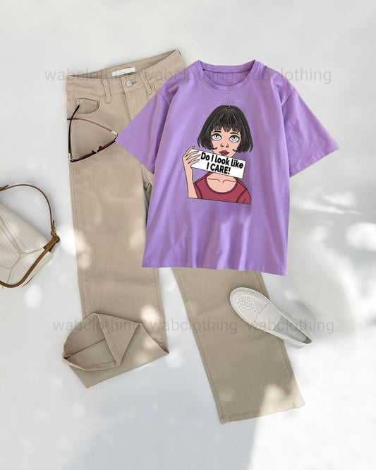 Beige wide leg jeans - Lilac T-shirt Do i look like i care